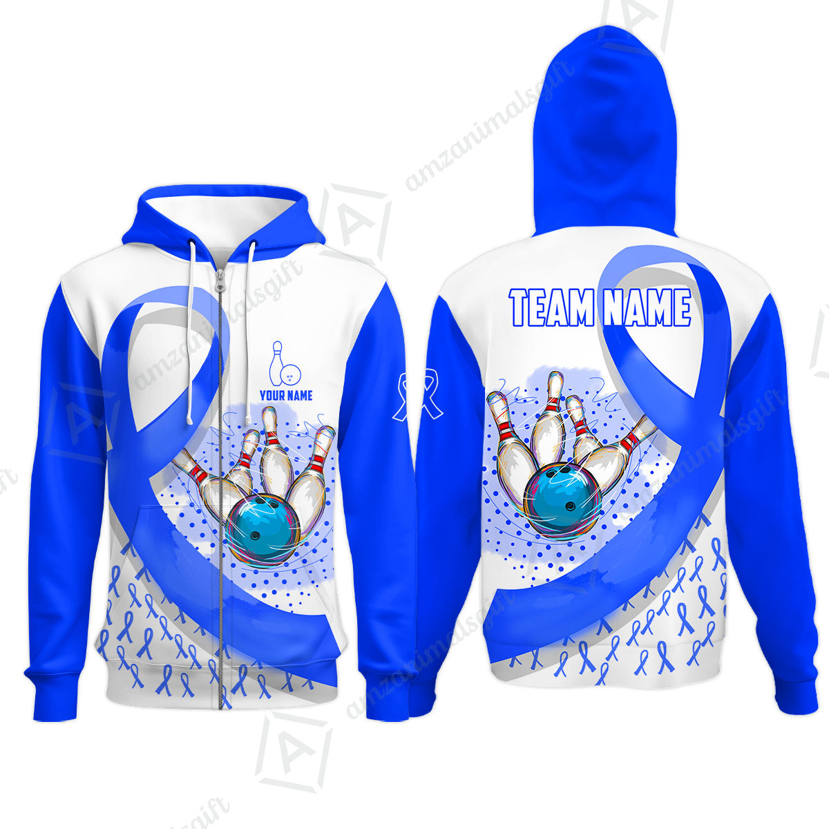 Custom Bowling Team Jersey Shirts, Blue Ribbon and Ball Hitting Pins Shirt, Personalized Team & Player Bowling Jersey