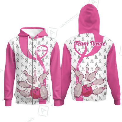 Pink Ribbon Breast Cancer Custom Bowling Team Polo Shirts, Pink Ribbon Bowling Team Uniforms Jerseys Personalized Name And Team Name