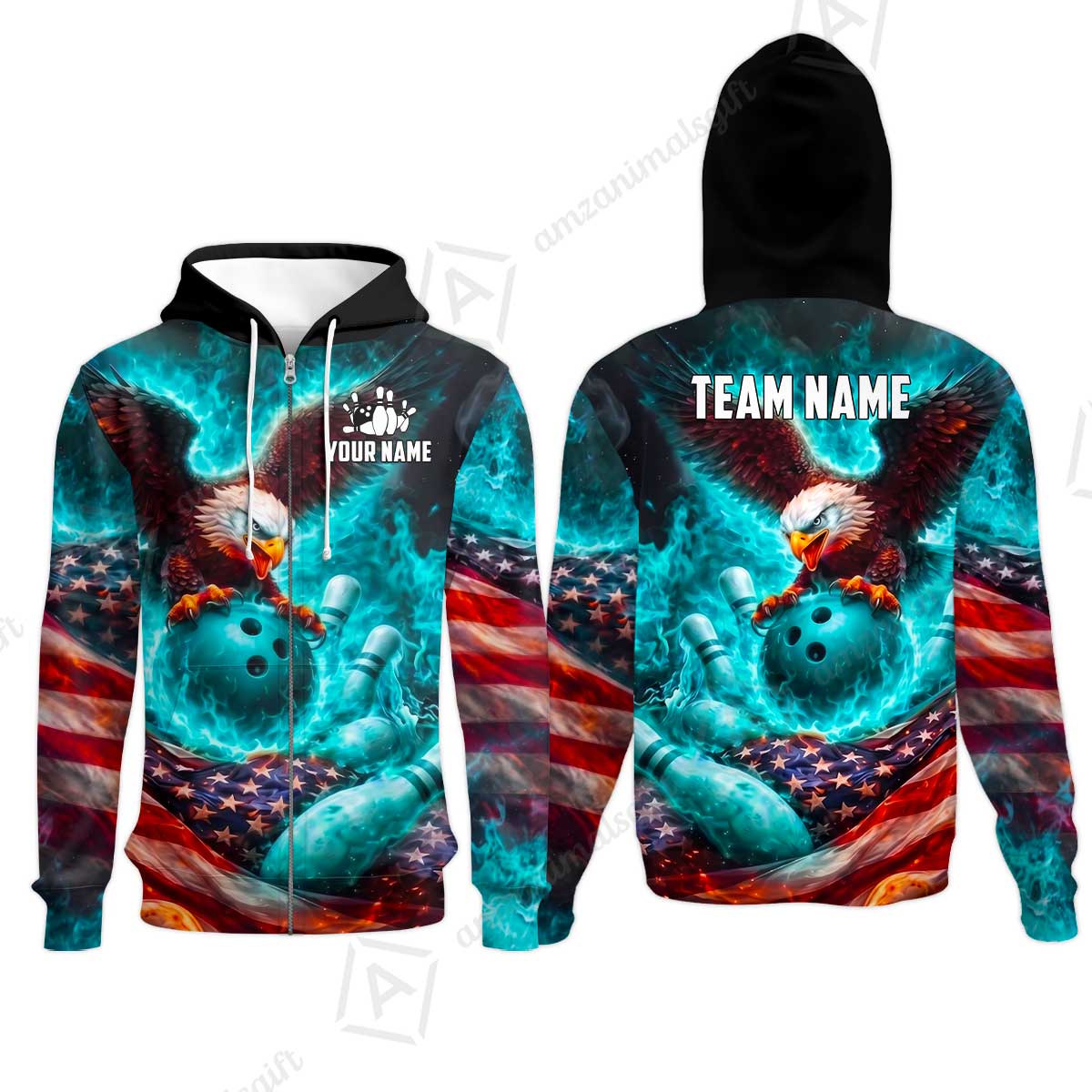 Custom Bowling Jersey Polo Shirt, Patriotic Blue Fire Eagle, Custom Bowling Jersey Team Shirt For Players With Name and Team Name
