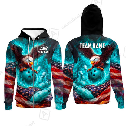 Custom Bowling Jersey Polo Shirt, Patriotic Blue Fire Eagle, Custom Bowling Jersey Team Shirt For Players With Name and Team Name