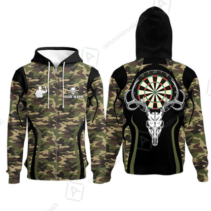 Darts Custom Name Zip Hoodie, Camo Skull Deer Dartboard Personalized Zip Hoodie- Gift For Darts Lovers, Friend, Darts Team Player
