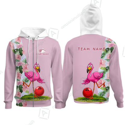 Custom Bowling Jersey Polo Shirt, Tropical Pink Flamingo Floral, Custom Bowling Jersey Team Shirt For Players With Name and Team Name