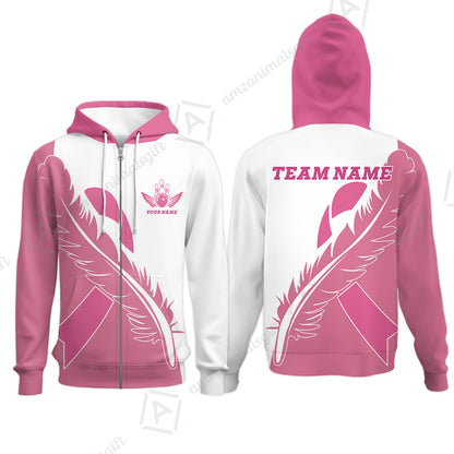 Feather Pink Ribbon Breast Cancer Custom Bowling Team Polo Shirts, Pink Ribbon Bowling Team Uniforms Jerseys, Personalized Name And Team Name