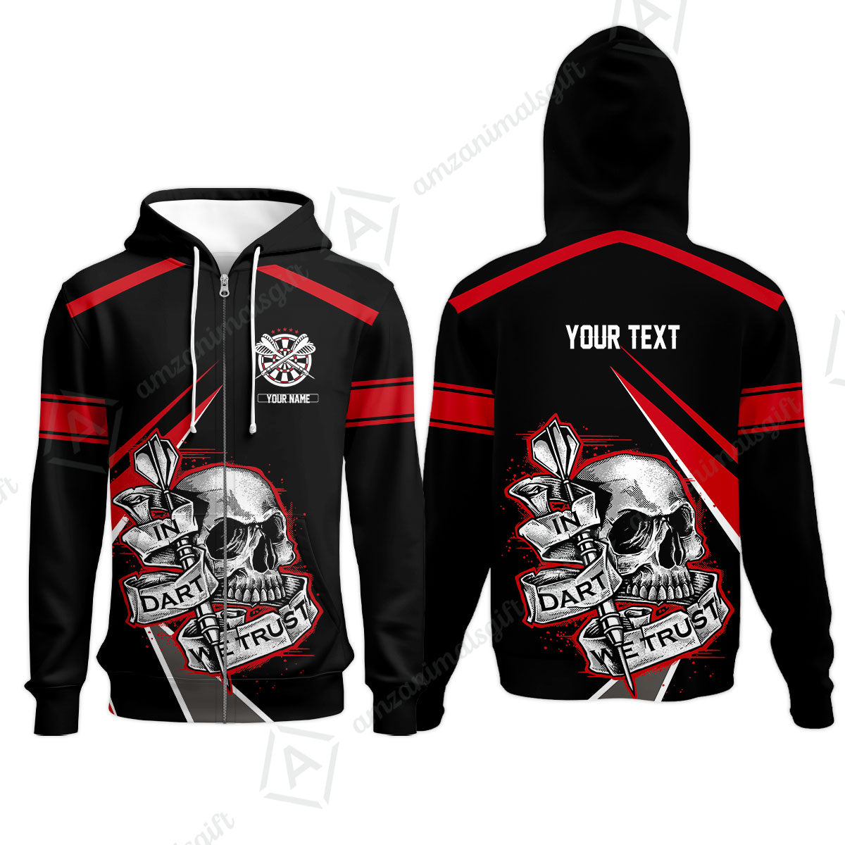 Customized Name & Text Darts Men Polo Shirt, Skull In Darts We Trust Personalized Darts Zip Polo Shirt