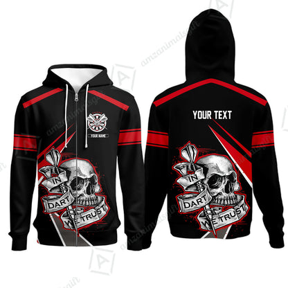 Customized Name & Text Darts Men Polo Shirt, Skull In Darts We Trust Personalized Darts Zip Polo Shirt