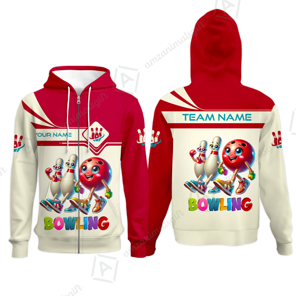 Customized Bowling Team Zip Hoodie, Bowling Ball and Pins Together Zip Hoodie Uniform For Bowlers, Bowling Team