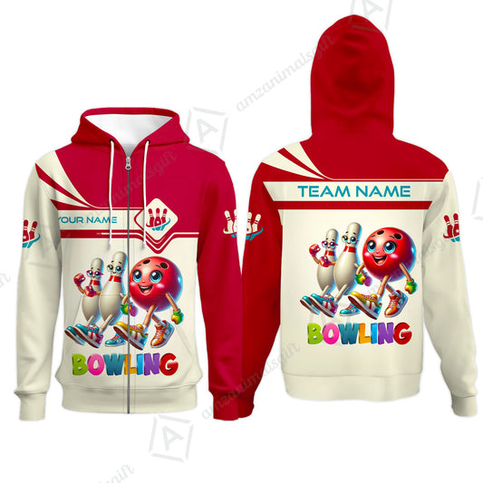 Customized Bowling Team Zip Hoodie, Bowling Ball and Pins Together Zip Hoodie Uniform For Bowlers, Bowling Team