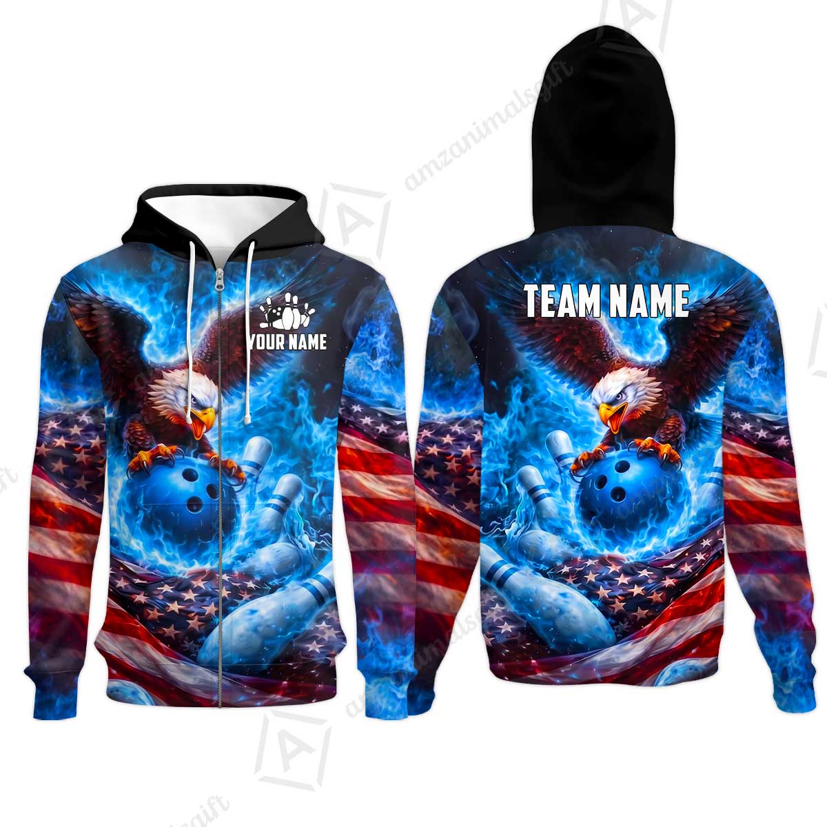 Custom Bowling Jersey Polo Shirt, Patriotic Blue Fire Eagle, Custom Bowling Jersey Team Shirt For Players With Name and Team Name