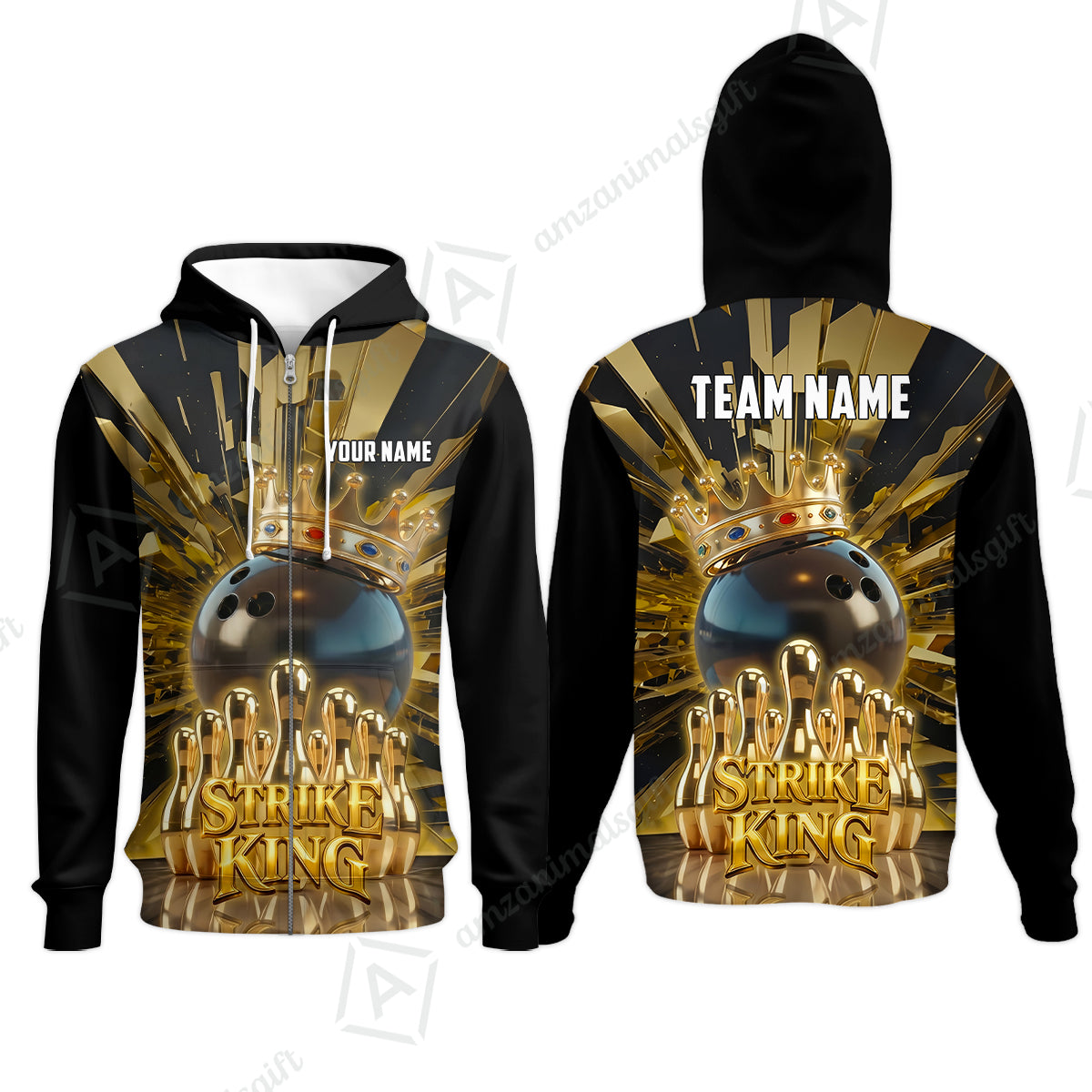 Custom Bowling Jersey Polo Shirt, Luxury Gold Strike King Crown, Custom Bowling Jersey Team Shirt For Players With Name and Team Name