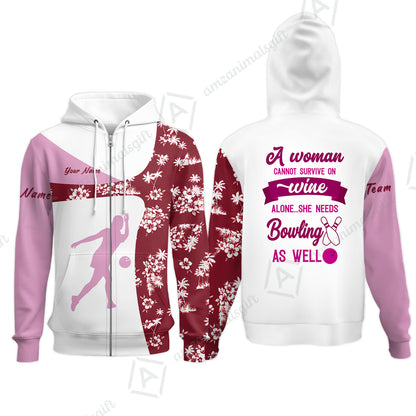 Custom Bowling Jersey Polo Shirt, A Women Cannot Survive On Wine Alone She Needs Bowling As Well, Personalize Name and Team Name