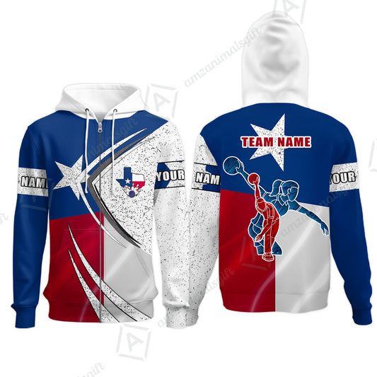 Customized Bowling Team Zip Hoodie, Bowling And Pins Texas Style Customized Name And Team Name Uniform Polo Shirts