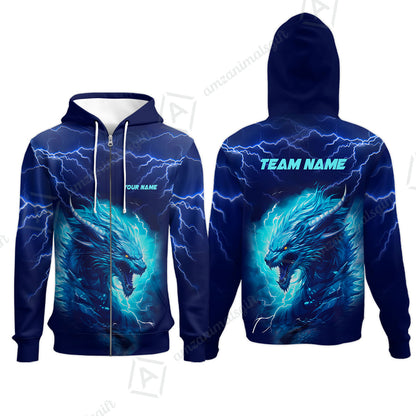 Bowling Customized Jersey Shirt Navy Blue Lightning Thunder Dragon Quarter Zip Bowling Shirt For Bowlers, Bowling Team