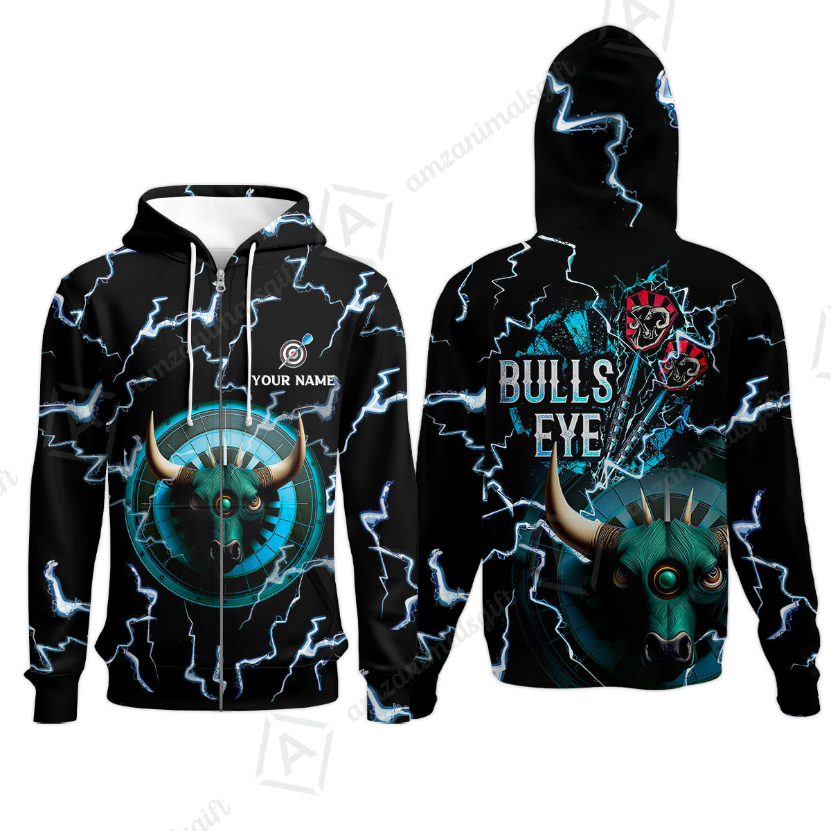 Customized Darts Zip Hoodie, Bullseye Dartboard, Personalized Name Darts And Bull Zip Hoodie - Perfect Gift For Darts Lovers, Darts Players
