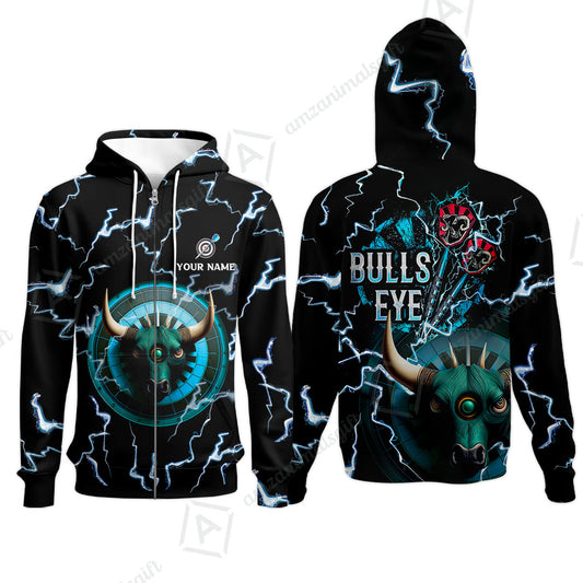 Customized Darts Zip Hoodie, Bullseye Dartboard, Personalized Name Darts And Bull Zip Hoodie - Perfect Gift For Darts Lovers, Darts Players