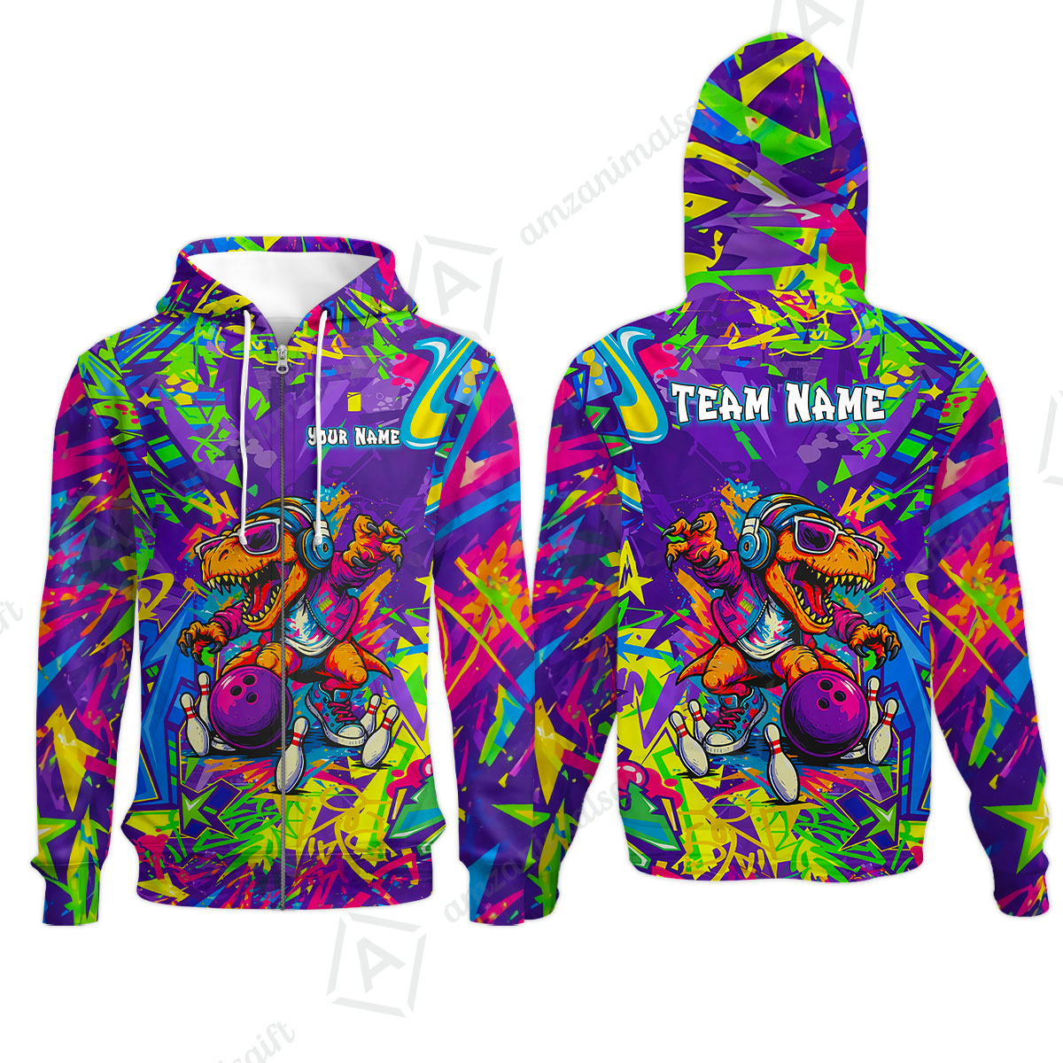 Custom Bowling Jersey Polo Shirt, Vibrant Neon Graffiti DJ T-Rex, Custom Bowling Jersey Team Shirt For Players With Name and Team Name