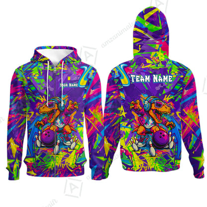 Custom Bowling Jersey Polo Shirt, Vibrant Neon Graffiti DJ T-Rex, Custom Bowling Jersey Team Shirt For Players With Name and Team Name