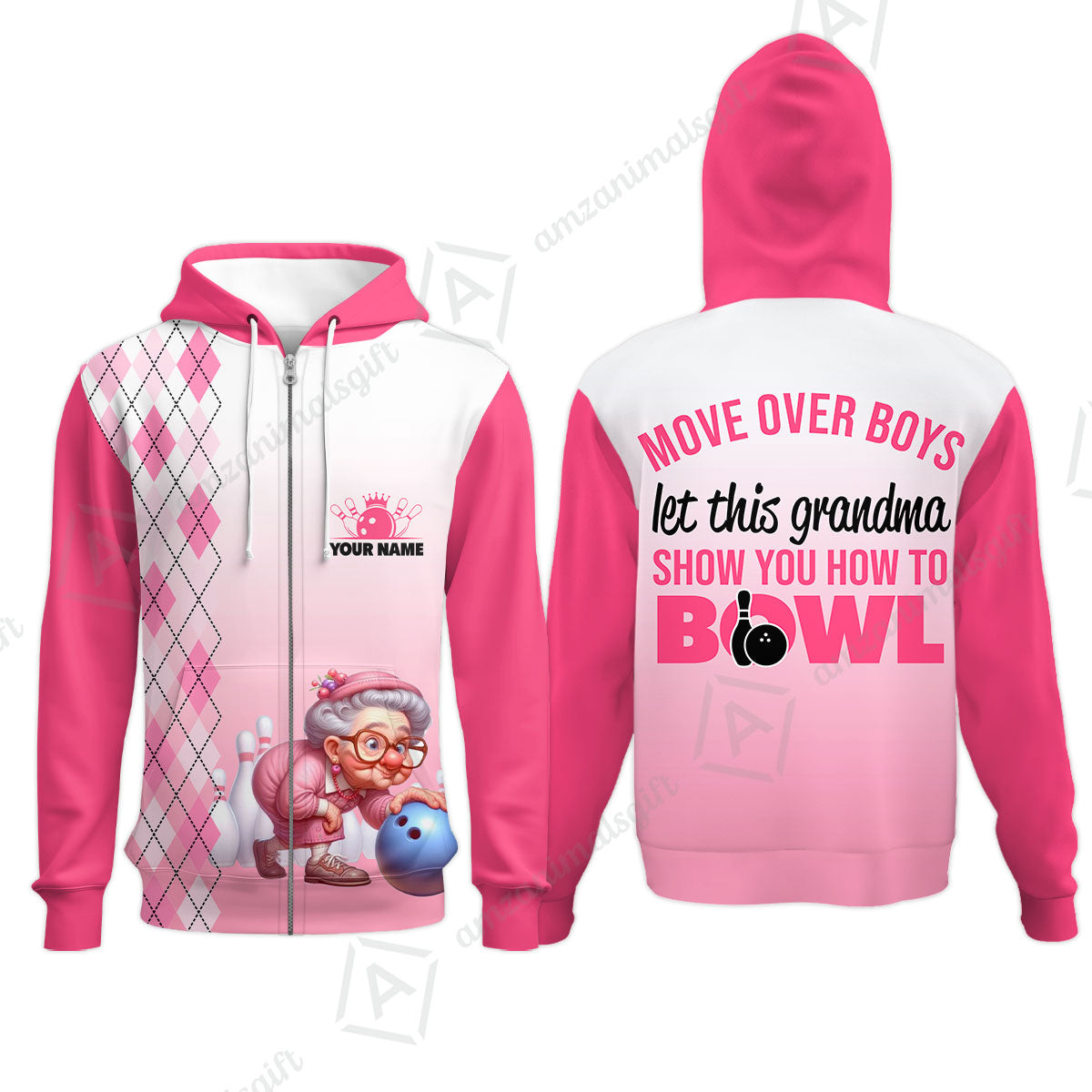 Customized Bowling Grandma Zip Hoodie, Bowling Grandma Pink Style Let This Grandma Show You How To Bowl