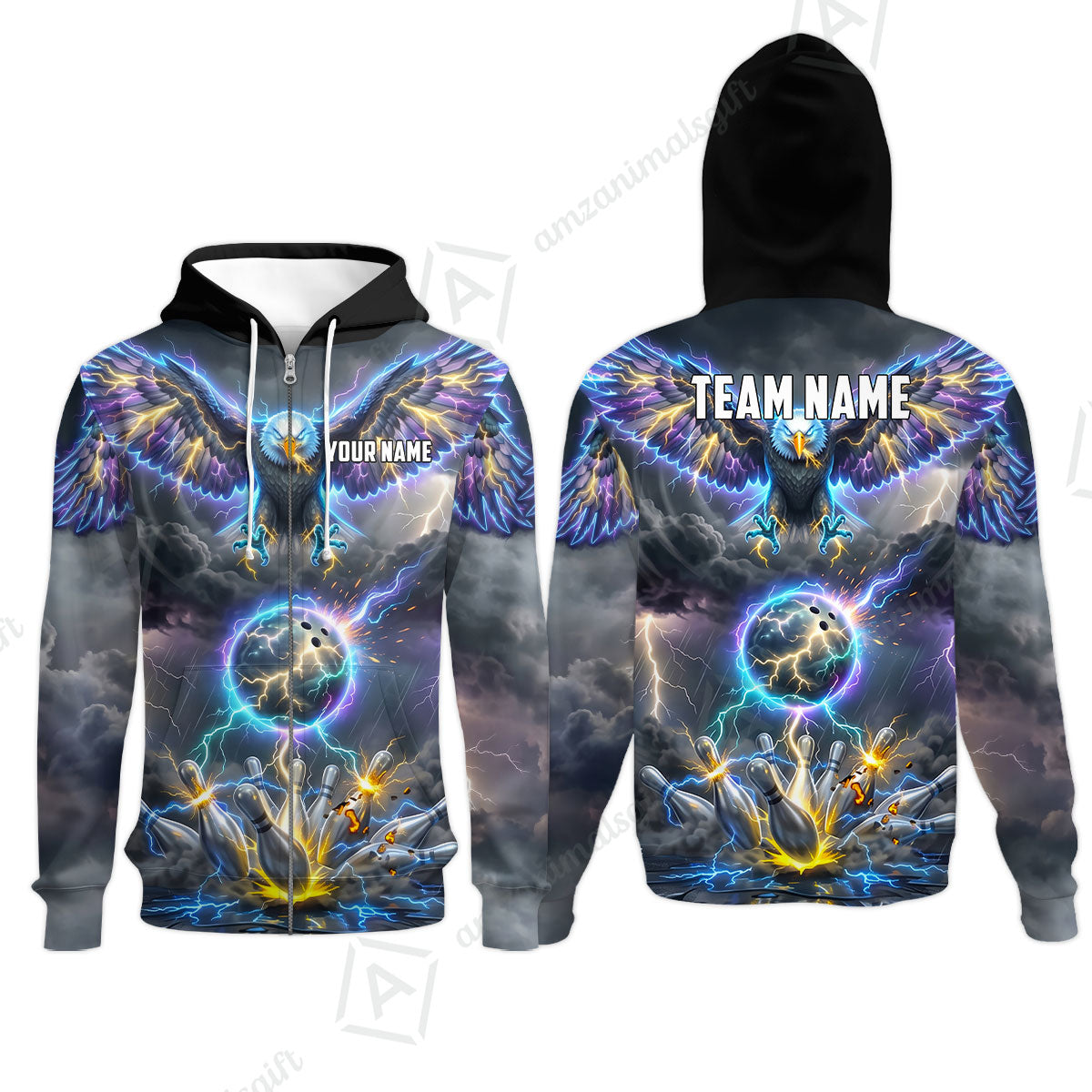 Custom Bowling Jersey Polo Shirt, Majestic Electric Lightning Eagle, Custom Bowling Jersey Team Shirt For Players With Name and Team Name