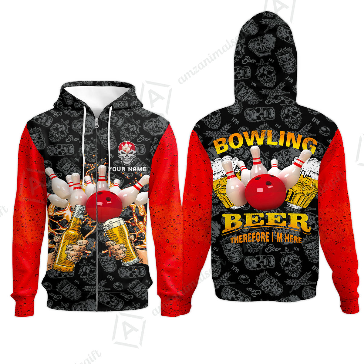 Bowling Long Polo Shirt Custom Name, Bowling and Beer Black Red Therefore I'm Here Personalized Long Polo Shirt