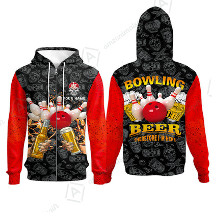 Bowling Long Polo Shirt Custom Name, Bowling and Beer Black Red Therefore I'm Here Personalized Long Polo Shirt