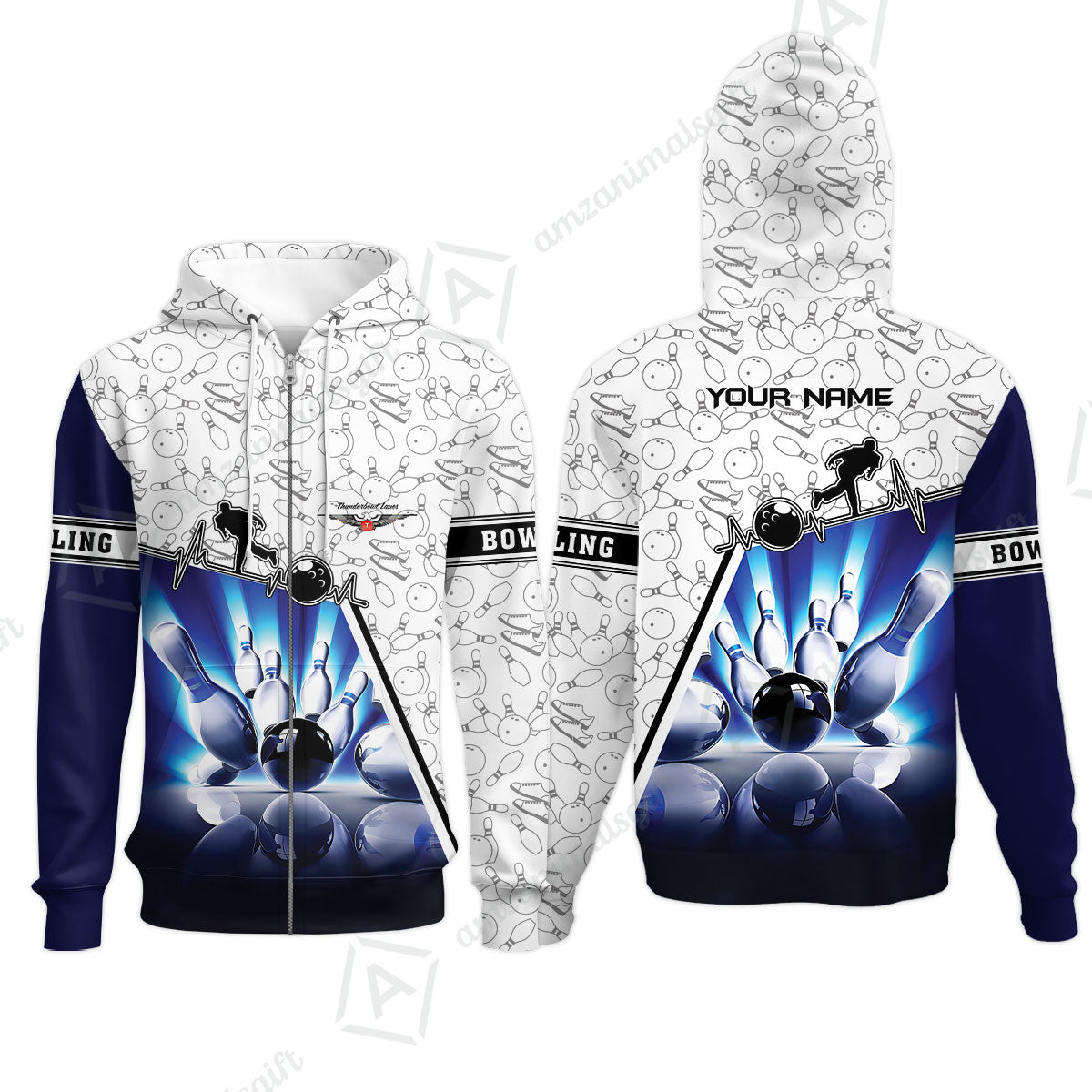 Customized Name Bowling Polo Shirt, Personalized Unique Design Blue Heartbeat Bowling Polo Shirt