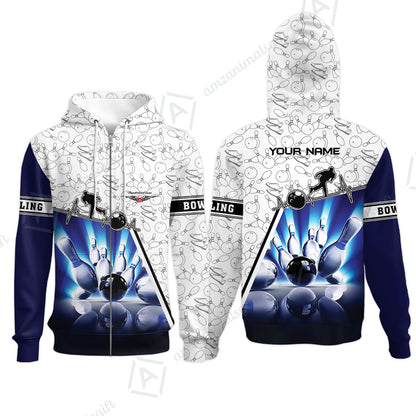 Customized Name Bowling Polo Shirt, Personalized Unique Design Blue Heartbeat Bowling Polo Shirt