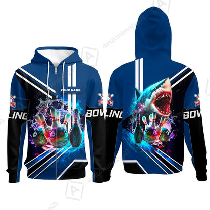 Bowling Custom Men Polo Shirt - Custom Name Shark Team Rainbow Bowling Ball And Pins On Water Personalized Bowling Polo Shirt