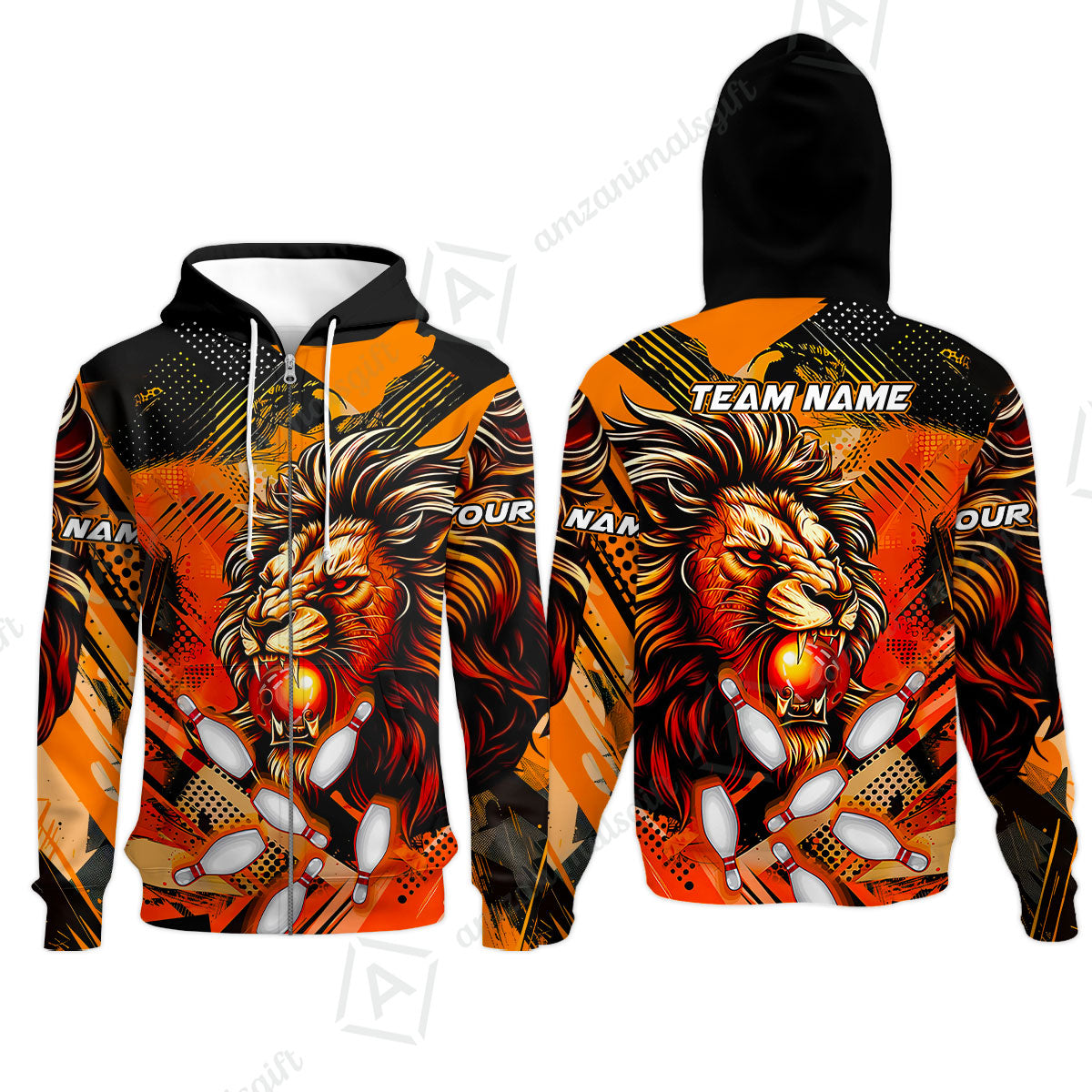 Custom Bowling Team Jerseys Shirts, Bowling uniforms Ball & Pins Lion Pattern Personalized Name And Team Name