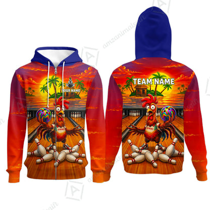 Custom Bowling Jersey Polo Shirt, Funny Tropical Island Rooster Strike, Custom Bowling Jersey Team Shirt For Players With Name and Team Name
