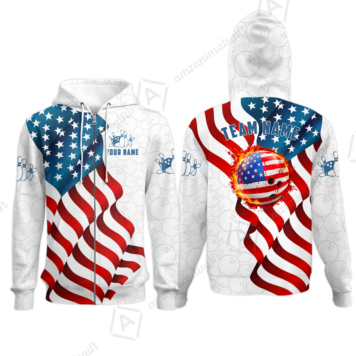 Custom Bowling Jersey Polo Shirt, Patriotic Waving USA Flag Fireball, Custom Bowling Jersey Team Shirt For Players With Name and Team Name