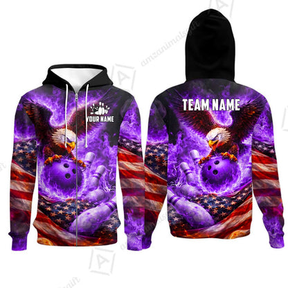 Custom Bowling Jersey Polo Shirt, Patriotic Blue Fire Eagle, Custom Bowling Jersey Team Shirt For Players With Name and Team Name
