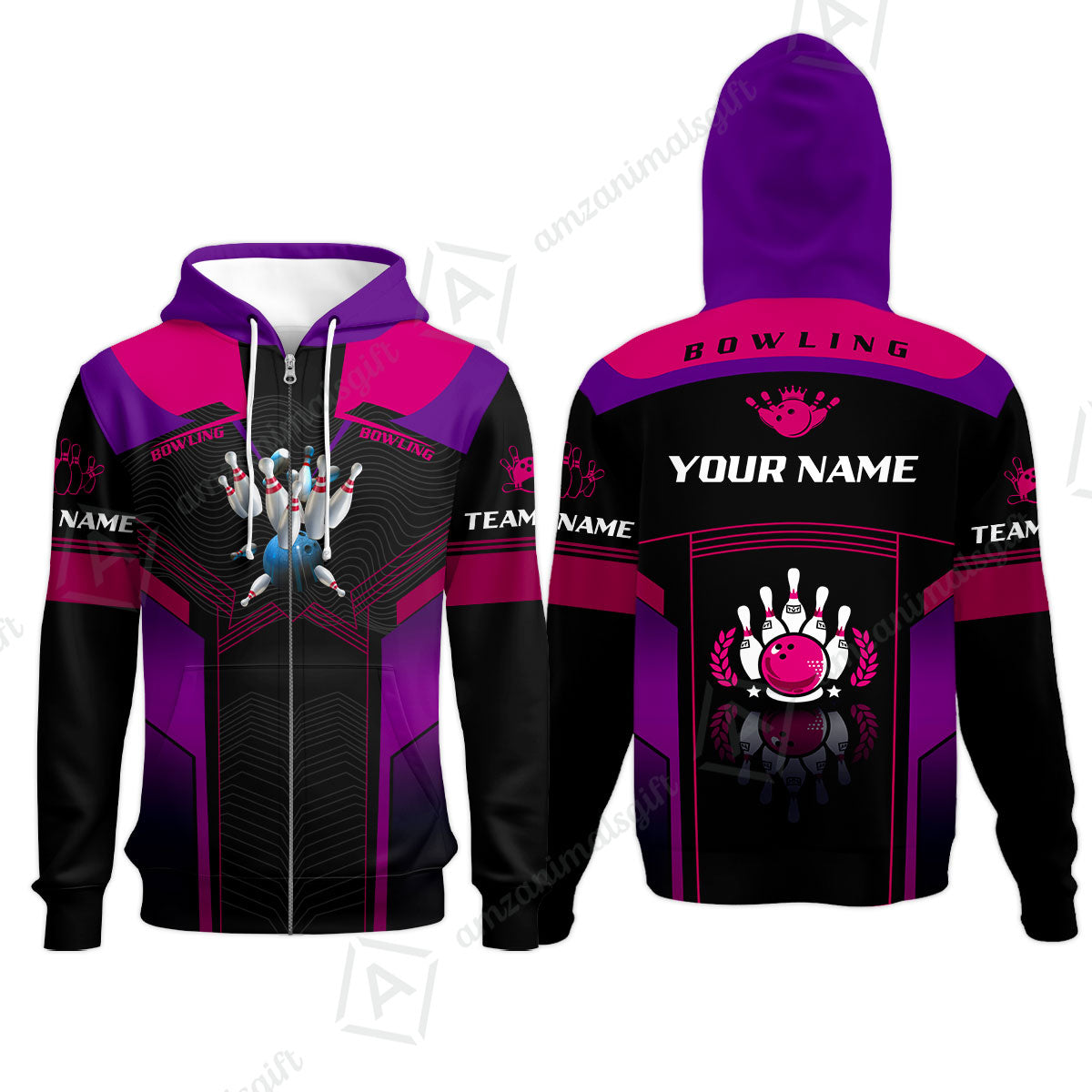 Customized Bowling Jersey Shirt, The Blue Bowling Ball Crashing The Pins Purple Pattern Personalized Name Team Name Logo Team For Bowling Team