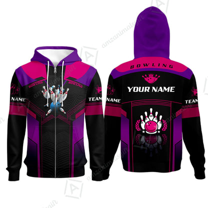 Customized Bowling Jersey Shirt, The Blue Bowling Ball Crashing The Pins Purple Pattern Personalized Name Team Name Logo Team For Bowling Team
