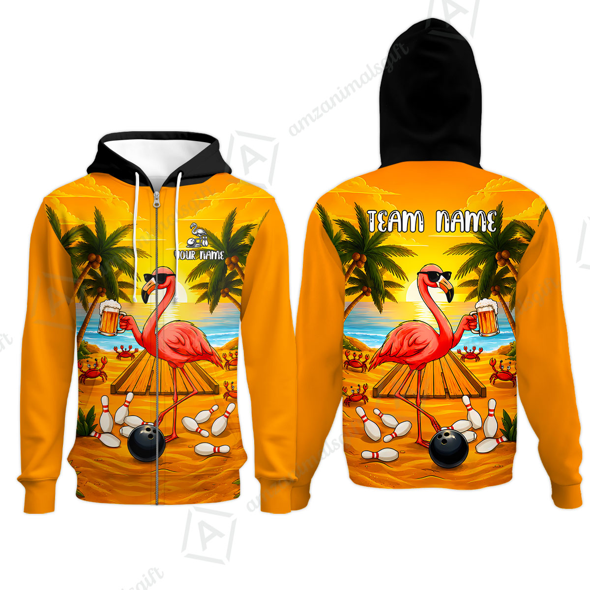 Customized Bowling Shirt, Beer & Flamingo Bowler Summer Vibe, Personalized Polo Shirt For Players With Name & Team Name