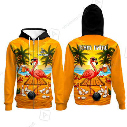 Customized Bowling Shirt, Beer & Flamingo Bowler Summer Vibe, Personalized Polo Shirt For Players With Name & Team Name