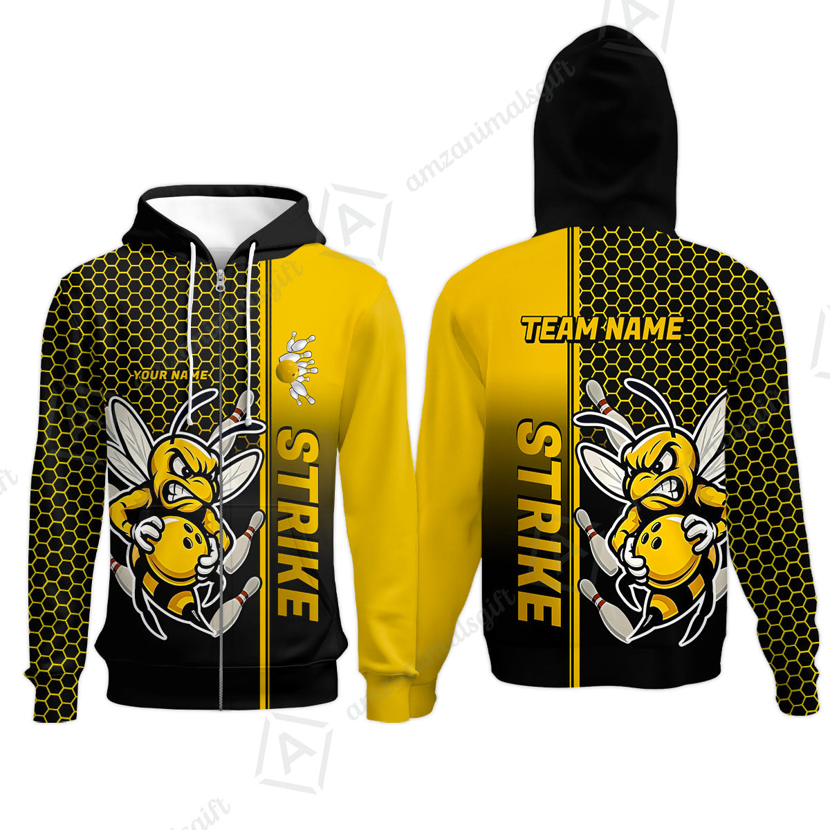Custom Bowling Team Jersey, Bowling Honeycomb Angry Bee Strike Polo Quarter-Zip Shirts, Bowling Uniforms Jerseys, Personalized Name And Team Name