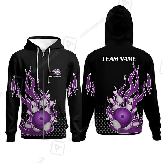 Customized Bowling Team Purple Flame Zip Hoodie, Bowling uniforms Bowling Flame Zip Hoodie