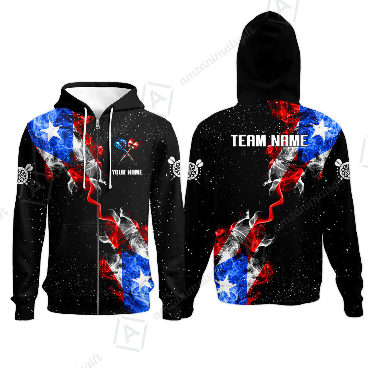 Customized American Flag Darts Stand Collar Quater-Zip, Darts Smoke USA Flag Team Style Jersey Polo Shirt, Outfit for Darts Players