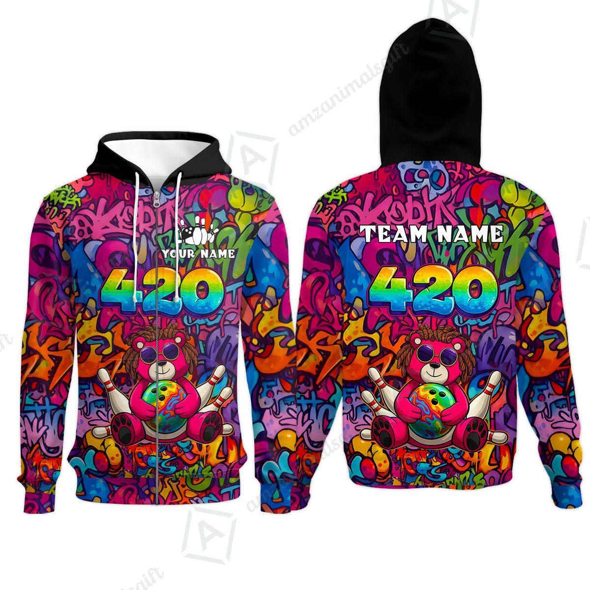 Custom Bowling Jersey Polo Shirt, 420 Graffiti Stoner Bear Colorful Street Art, Custom Bowling Jersey Team Shirt For Players With Name & Team Name