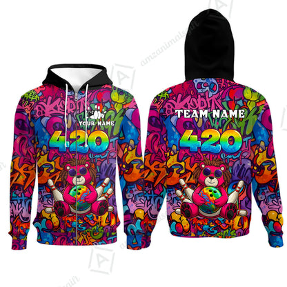 Custom Bowling Jersey Polo Shirt, 420 Graffiti Stoner Bear Colorful Street Art, Custom Bowling Jersey Team Shirt For Players With Name & Team Name