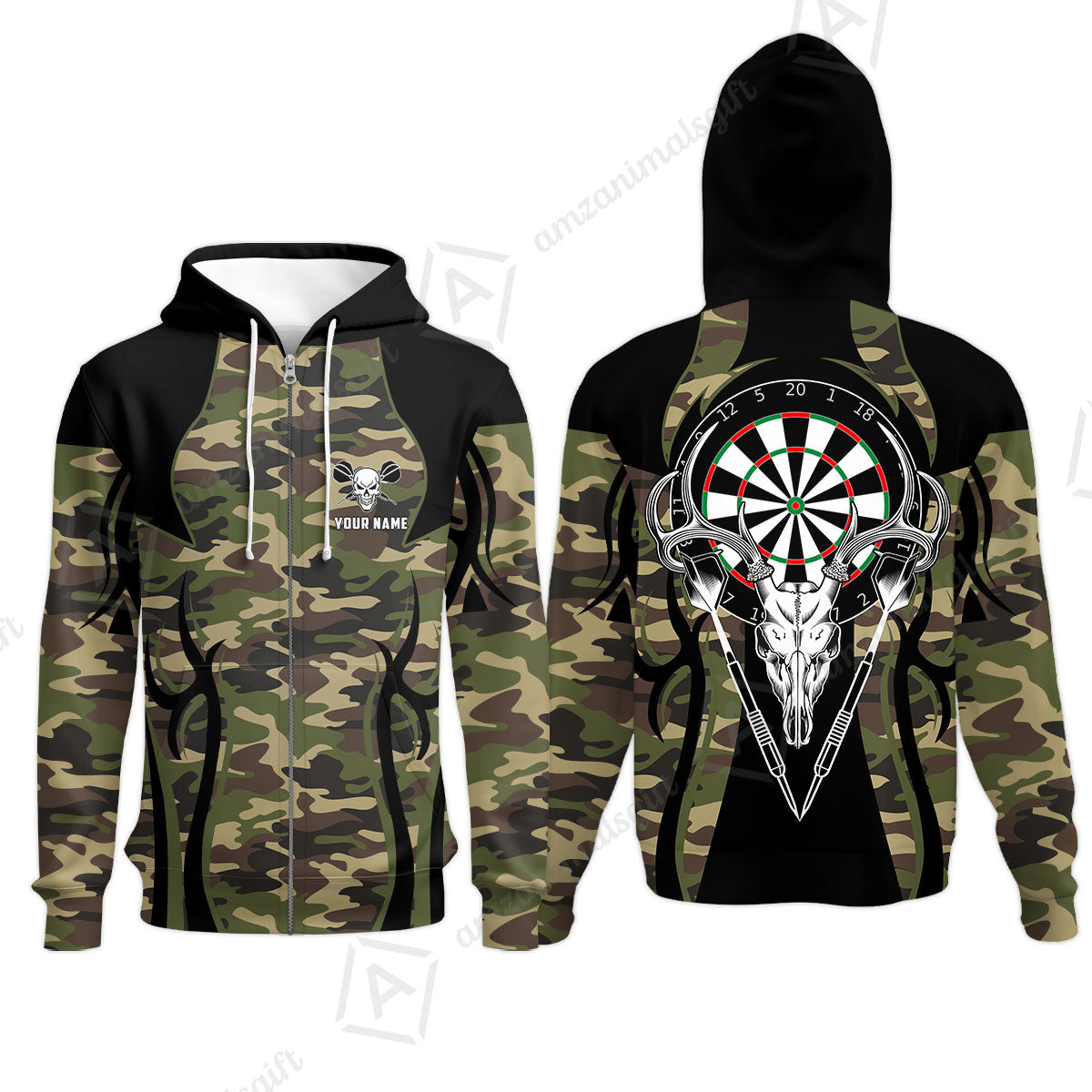 Darts Custom Name Zip Hoodie, Camo Skull Deer Dartboard Personalized Zip Hoodie- Gift For Darts Lovers, Friend, Darts Team Player
