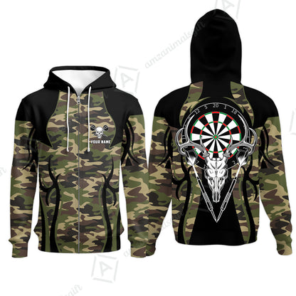 Darts Custom Name Zip Hoodie, Camo Skull Deer Dartboard Personalized Zip Hoodie- Gift For Darts Lovers, Friend, Darts Team Player