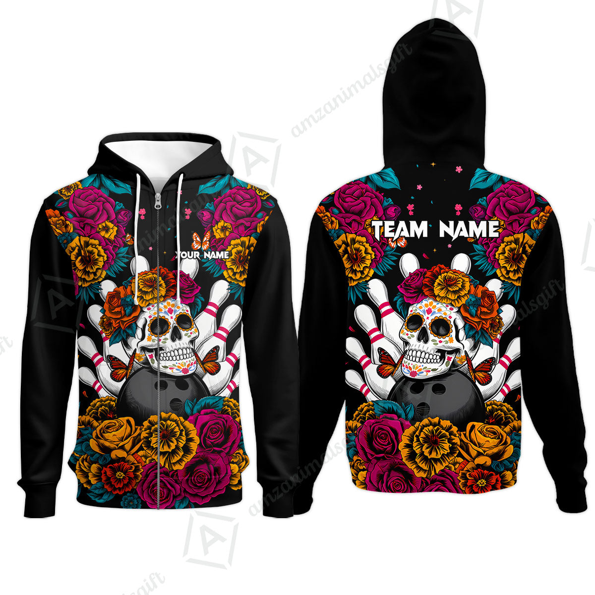 Custom Bowling Jersey Polo Shirt, Floral Skull Bowling, Personalize Name and Team Name