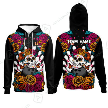 Custom Bowling Jersey Polo Shirt, Floral Skull Bowling, Personalize Name and Team Name