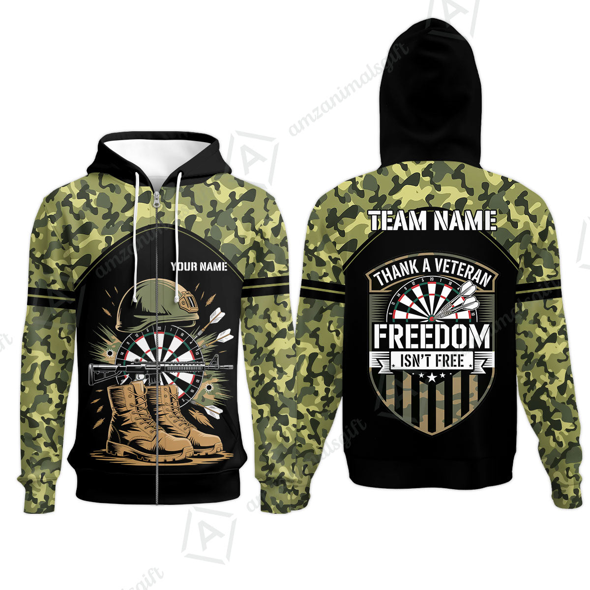 Custom Military Green Camouflage Dartboard Collar Quater-Zip Jersey Team Shirts, Customized Name Team Name Darts Team Jerseys Uniform