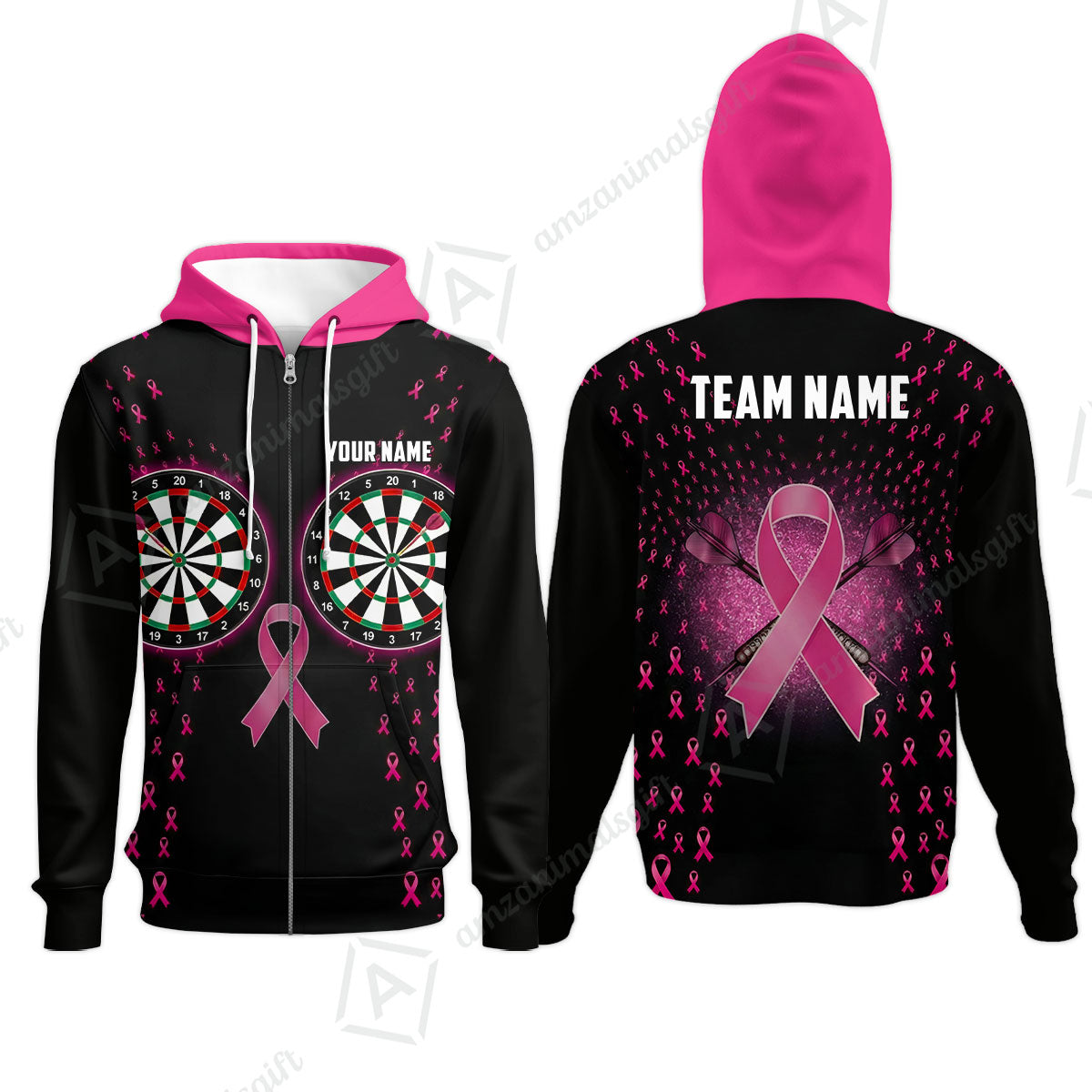 Custom Darts Team Jersey, Personalized Pink Ribbon Darts Polo Shirt For Players With Name & Team Name