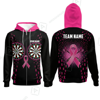 Custom Darts Team Jersey, Personalized Pink Ribbon Darts Polo Shirt For Players With Name & Team Name