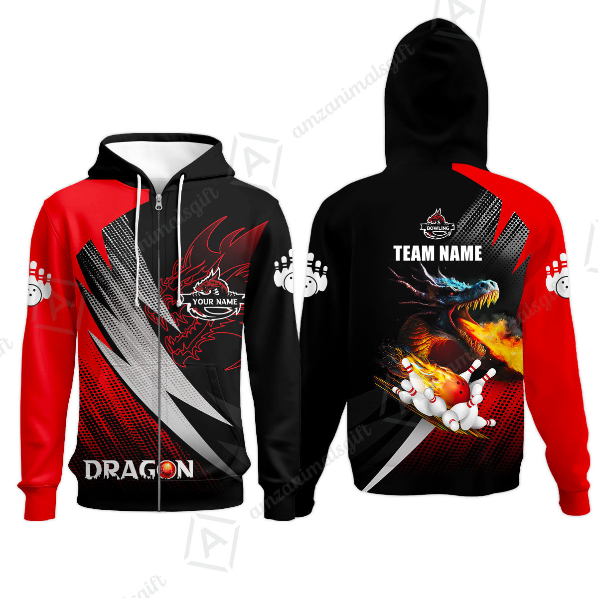 Customized Bowling Jersey Shirt, Personalized Name Dragon Team Red Bowling Ball On Fire Polo Shirt For Men - Perfect Gift For Bowling Lovers