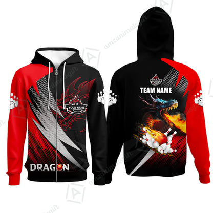 Customized Bowling Jersey Shirt, Personalized Name Dragon Team Red Bowling Ball On Fire Polo Shirt For Men - Perfect Gift For Bowling Lovers