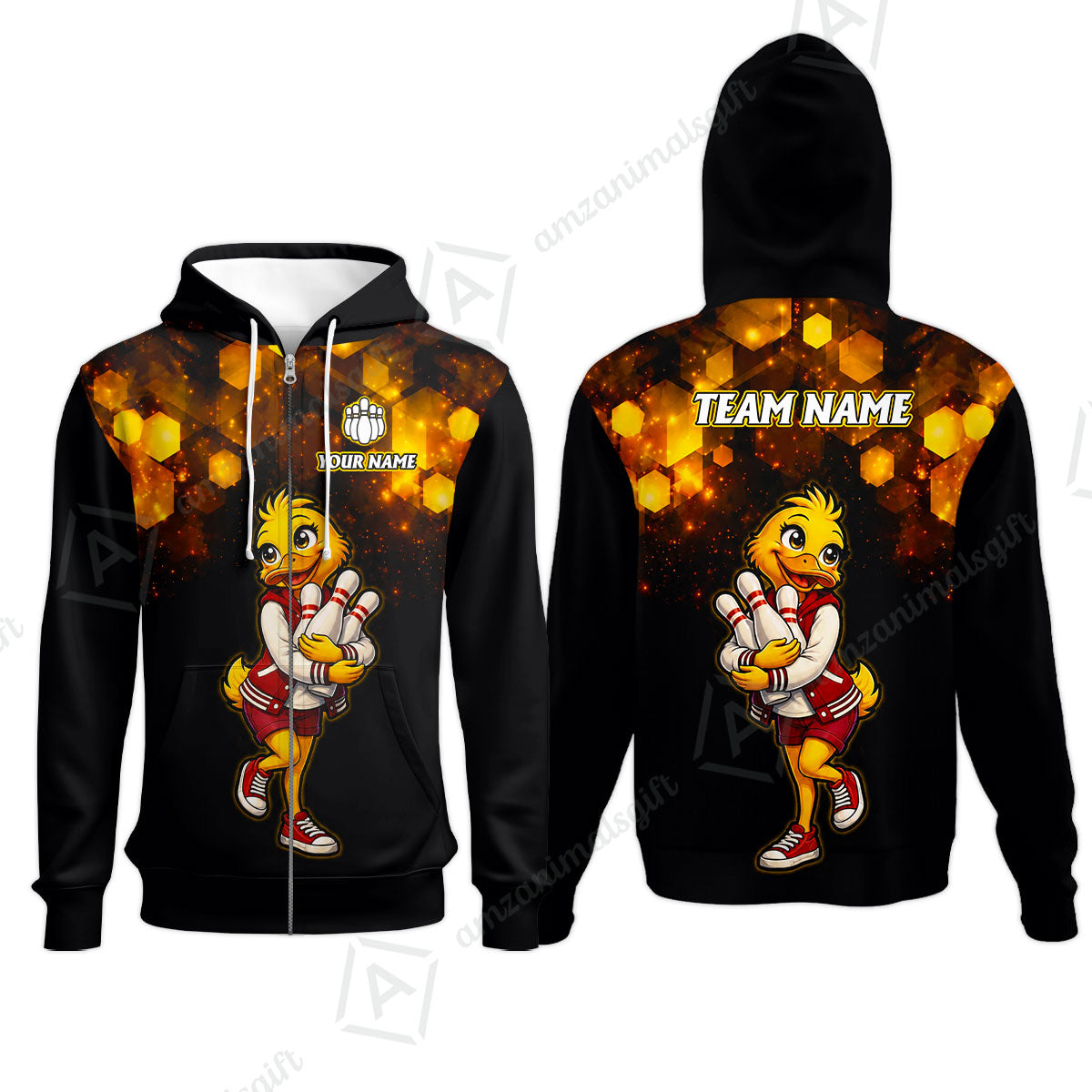 Custom Bowling Jersey Polo Shirt, Golden Glow Varsity Duckling Mascot, Custom Bowling Jersey Team Shirt For Players With Name and Team Name